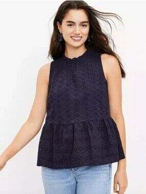 LOFT Eyelet Peplum Ruffle Neck Peplum Blouse Size L Modest Casual Floral